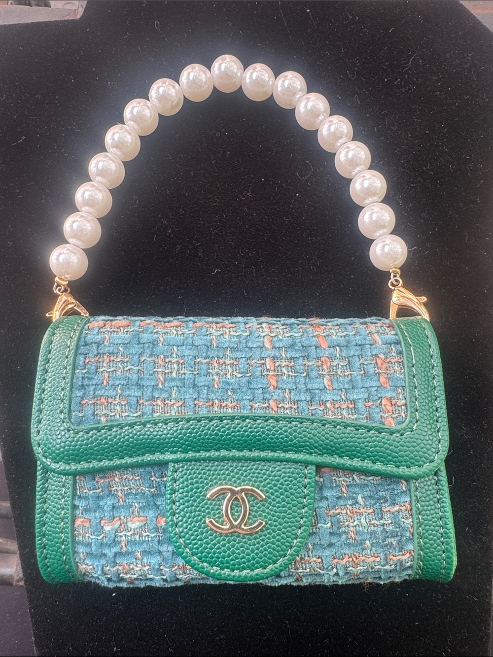 Bag mini Green and Teal Tweed Mini Bag with Pearl Handle